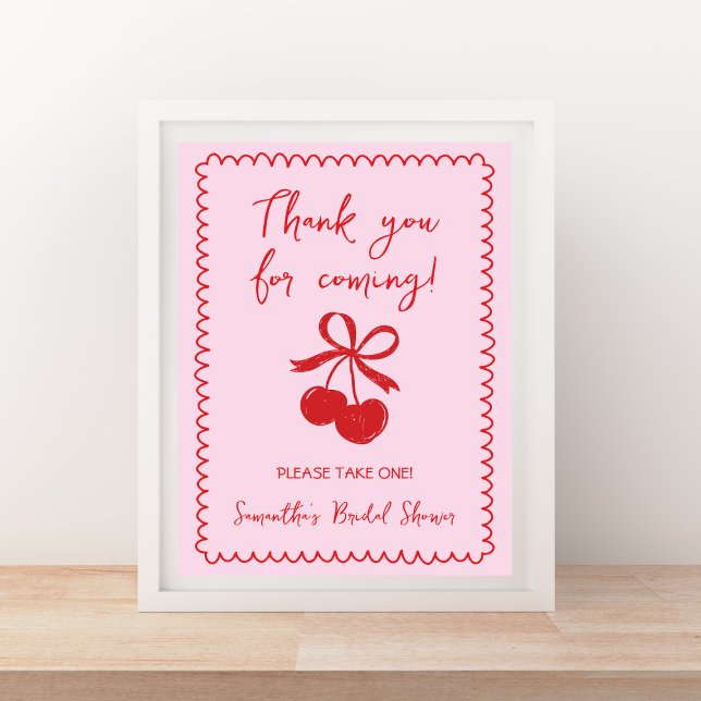 Favoriter, ta en Möhippa för körsbärsfack Poster (Favors Please Take One Cherry Bow Bridal Shower Poster)