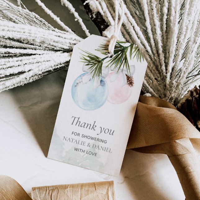 Favoriter tack för att du visar gendernas babyvy presentetikett (Winter Gender Reveal Thank you Favor Tag)