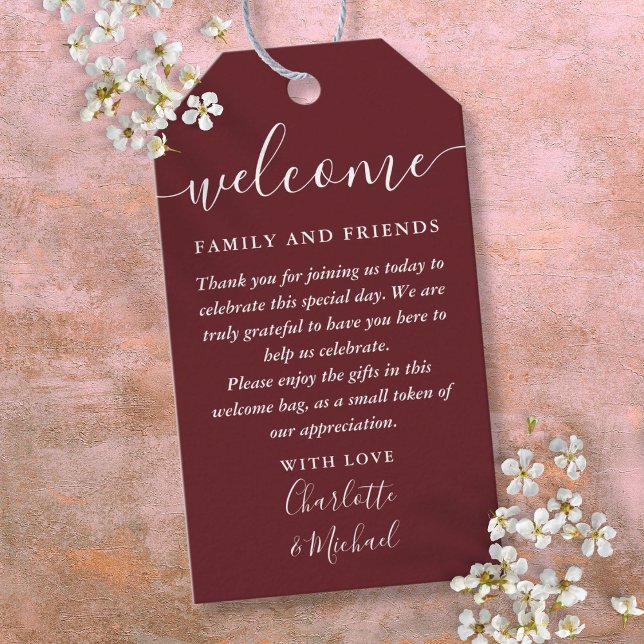 Favoritkorg för bröllop i rosa trädfärg med välkom presentetikett (Rosewood Pink Wedding Favor Welcome Basket Bag Gift Tags)