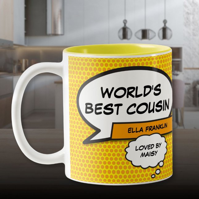 Favoritkusin Roligt Tecknad Bok Roligt Retro Två-Tonad Mugg (World's Best Cousin Fun Comic Book Personalized Two-Tone Coffee Mug)