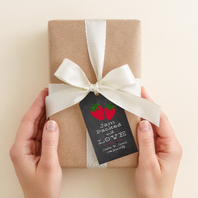 Favoritlönjordbärsgelé Presentetikett (two strawberries "jam packed with love" chalkboard style wedding favor gift tag)