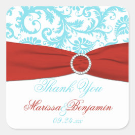 Favoritmärke för Aqua, Red och White Damask Weddin Fyrkantigt Klistermärke