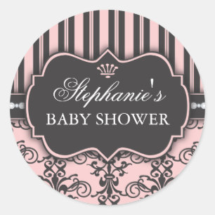 Favoritmärke för chic Damask & Rand Baby Shower Runt Klistermärke