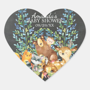 Favoritmärke för Woodland Chalkboard Baby Shower Hjärtformat Klistermärke