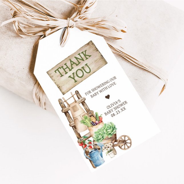 Favoritmärkningar för babyskor på lokal odling presentetikett (Rustic Farmers Market Locally Grown Baby Shower Favor Tags)