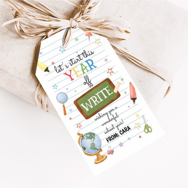 Favoritmärkningar för Back to school under skolåre Presentetikett (Let's Start this Year Off Write School Year Back to School Favor Tags)
