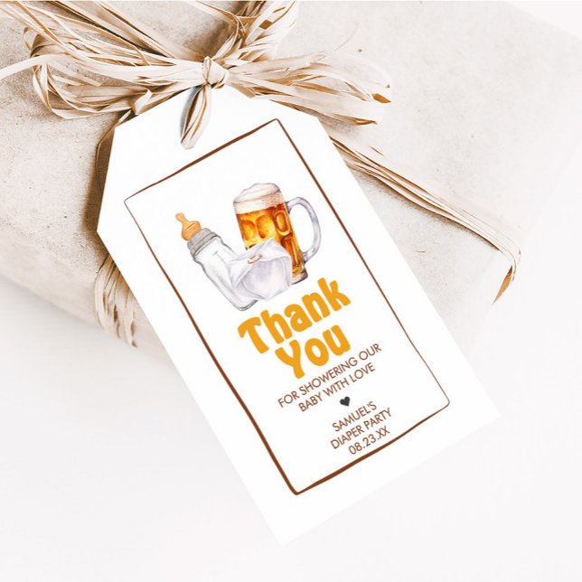 Favoritmärkningar för Beer Diaper Party Baby Showe Presentetikett (Brewing Beer Diaper Party Baby Shower Favor Tags)