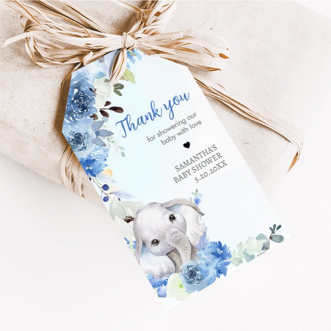 Favoritmärkningar för Blue Blommigt Little Peanut  Presentetikett (Blue Floral Elephant Spring Baby Shower Favor Tags)