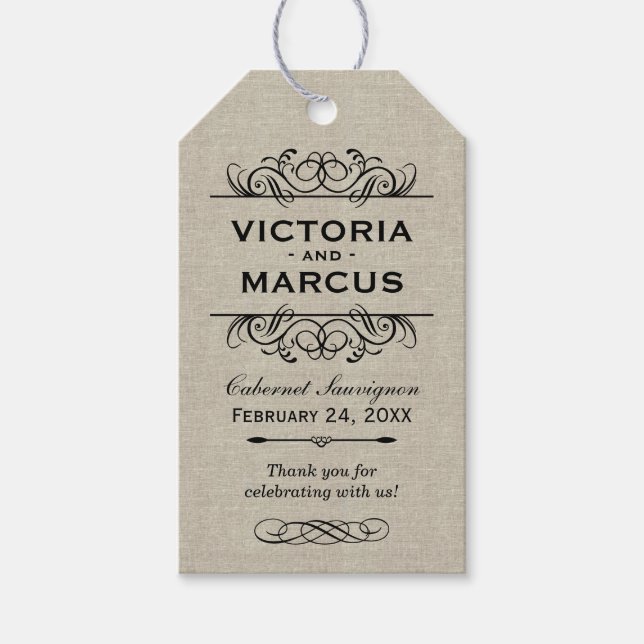 Favoritmärkningar för Burlap Bröllop Flaska Vin Presentetikett (Framsidan)