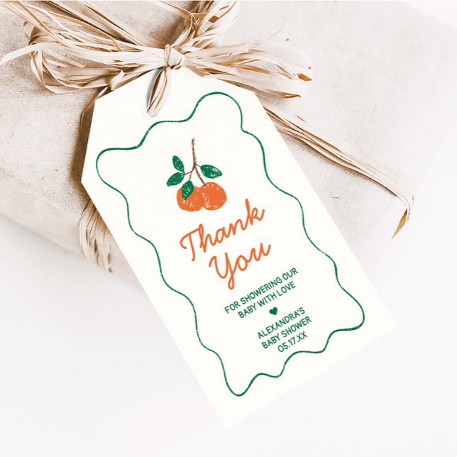 Favoritmärkningar för Citrus Little Cutie Modern B Presentetikett (Citrus Little Cutie Hand Drawn Baby Shower Favor Tags )