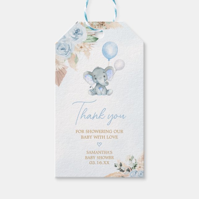 Favoritmärkningar för Elephant Baby Shower med blå Presentetikett (Framsidan)