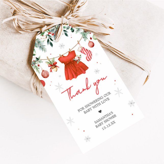 Favoritmärkningar för Flickans röda jultomte Presentetikett (Santa Baby Clothesline Baby Shower Favor Tags)