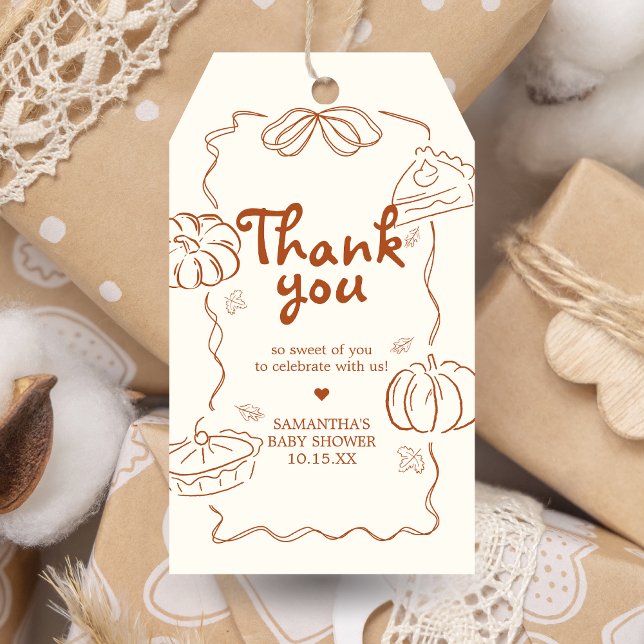 Favoritmärkningar för Little Cutie Paj Pumpkin Bab Presentetikett (Hand Drawn Little Cutie Pie Baby Shower Favor Tags)