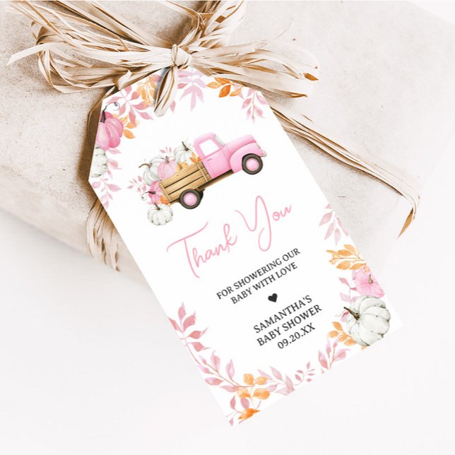 Favoritmärkningar för Little Pumpkin Rosa Lastbil  Presentetikett (Pink Little Pumpkin Truck Fall Baby Shower Favor Tags)