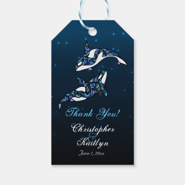 Favoritmärkningar för Orca Whales Bröllop Tack Presentetikett (Framsidan)