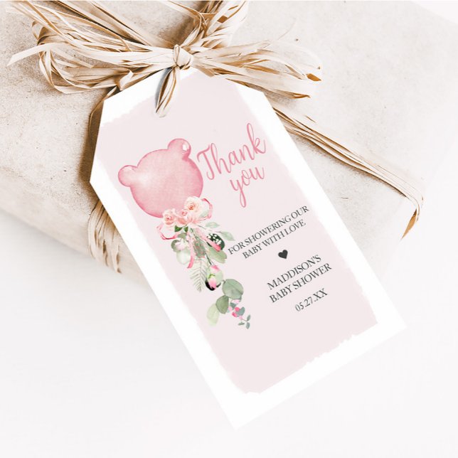 Favoritmärkningar för rosa Blommigt Eucalyptus Bal Presentetikett (Pink Floral Eucalyptus Bear Balloon Baby Shower Favor Tags
)