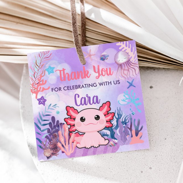 Favoritmärkord för Axolotl-Födelsedagsfest på kvad Gåvor Etiketter (Axolotl Birthday Party Square Favor Tags)
