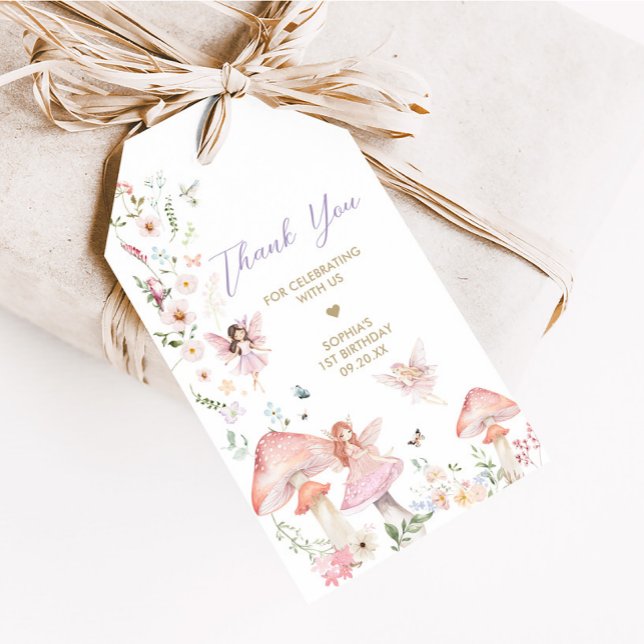 Favoritmärkord för blommigt Wildblomme fairy First Presentetikett (Floral Fairy First Birthday Party Favor Tags)