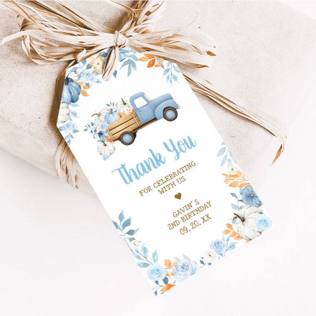 Favoritmärkord för Blue Pumpkin Lastbil under höft Presentetikett (Blue Pumpkin Truck Fall Floral Birthday Favor Tags)