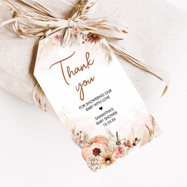 Favoritmärkord för Boho Fall Pumpkin Pampas Baby S Presentetikett (Boho Autumn Fall Pumpkin Pampas Grass Baby Shower Favor Tags)