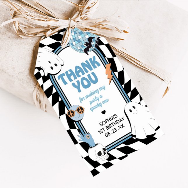 Favoritmärkord för Boy Retro Ghost Halloween Birth Presentetikett (Blue Retro Ghost Halloween In My Spooky Era Birthday Favor Tags
)