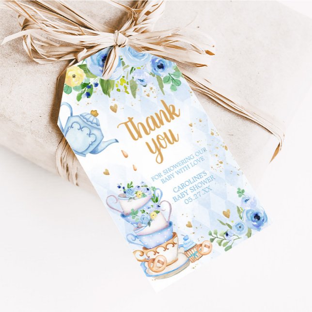 Favoritmärkord för den blå Blommigten Tea Party Ba Presentetikett (Tea Party Baby Shower Favor Tags)