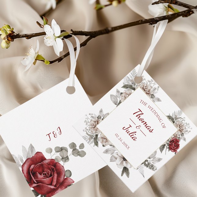 Favoritmärkord för elegant Burgundy & Silver Water Gåvor Etiketter (Elegant Burgundy & Silver Watercolor Favor Tags)