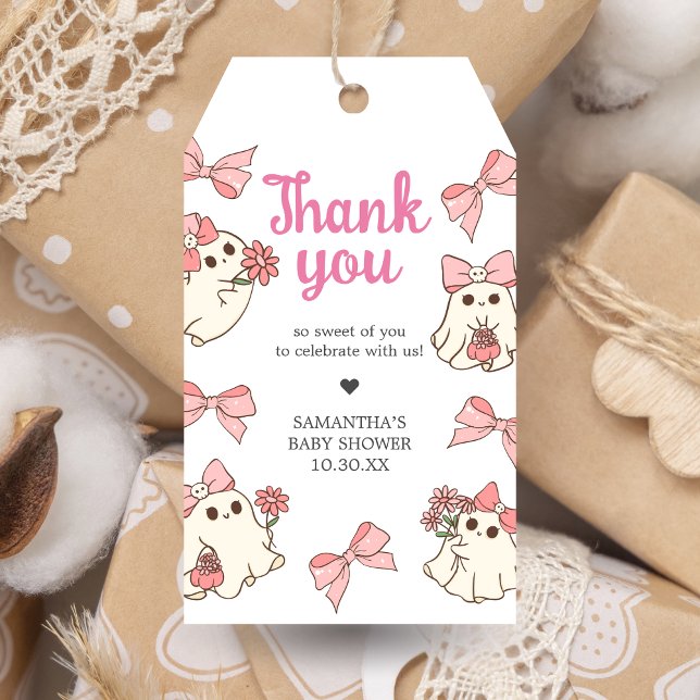 Favoritmärkord för Girl Ghost Little Boo Halloween Presentetikett (Pink Little Boo Halloween Baby Shower Favor Tags
)