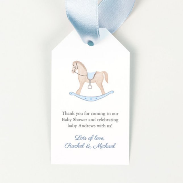 Favoritmärkord för klassiskt Rocking Horse Boy Sho Presentetikett (Elegant rocking horse baby shower favor tags with navy and white Greek Key reverse)