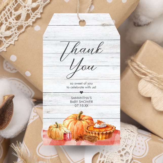Favoritmärkord för Picnic Baby Shower-favoriter fö Presentetikett (Pumpkin Fall Baby Shower Favor Tags)