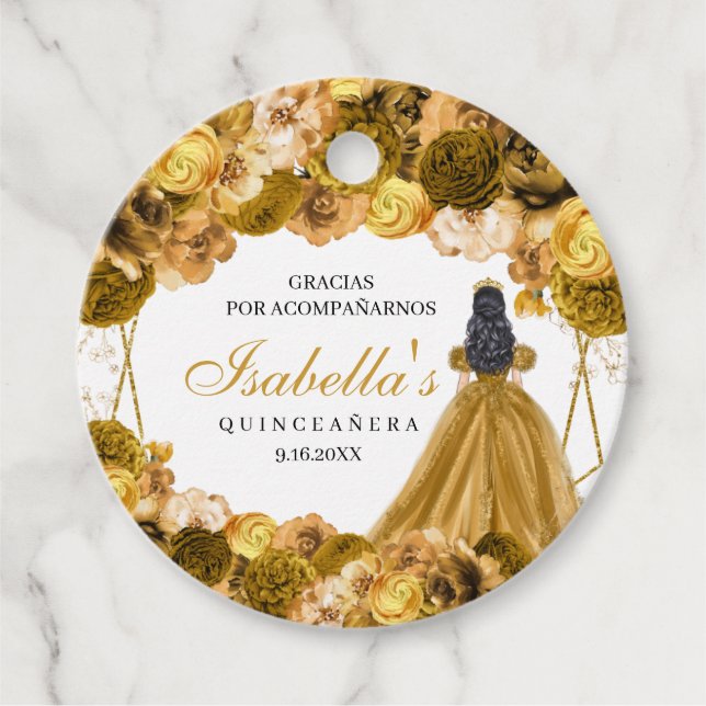 Favoritmärkord för Quinceanera-cirkel i guld Blomm Gåvor Etiketter (Framsida)
