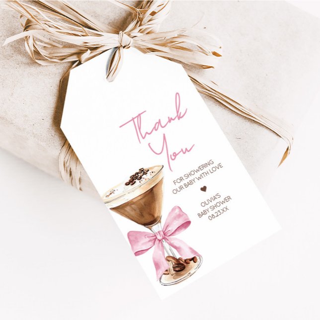 Favoritmärkord för rosa Bow Espresso Martini Baby  Presentetikett (Pink Bow Tini One Espresso Martini Baby Shower Favor Tags)