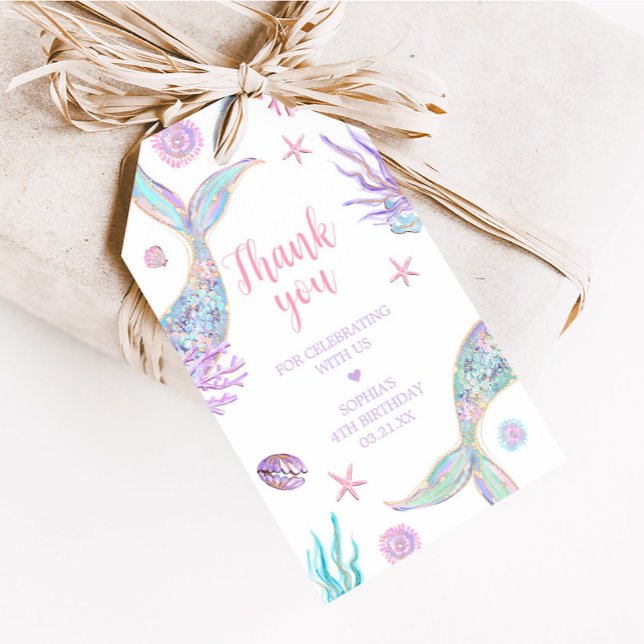 Favoritmärkord för sjöjungfru Svan Fjärde Födelsed Presentetikett (Mermaid Tail Birthday Party Favor Tags)