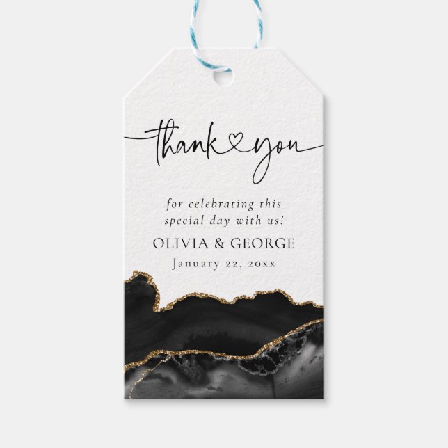 Favoritmärkord för Svart Guld Agate Bröllop Tack Presentetikett (Framsidan)