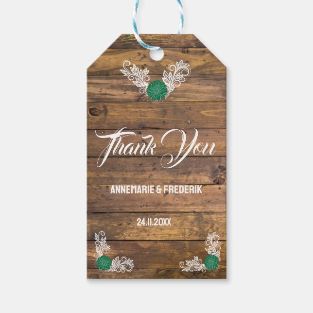 Favoritpåse i rustikt trä med vildblomma presentetikett (Framsidan)