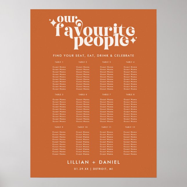 Favoritpersoner Retro Bröllopsställningsdiagram Poster (Framsidan)