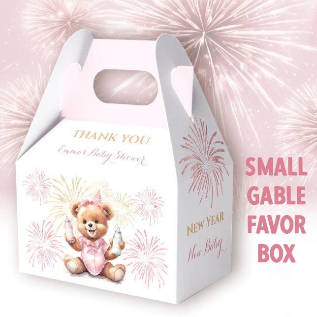 Favoritruta för nyårsbarn, Rosa, babykläder Presentaskar (New Year Pink Bear Small Gable Favor Box -  You can choose from 3 sizes of these gable favor boxes)