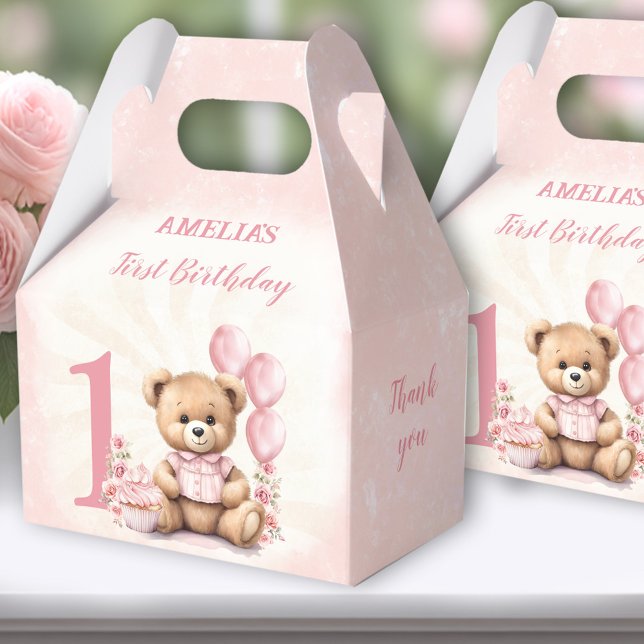 Favoritrutor för första födelsedag Rosa Nalle numm Presentaskar (Bear Birthday Favor Boxes - You can choose from 3 sizes by clicking on the STYLE dropbox.)