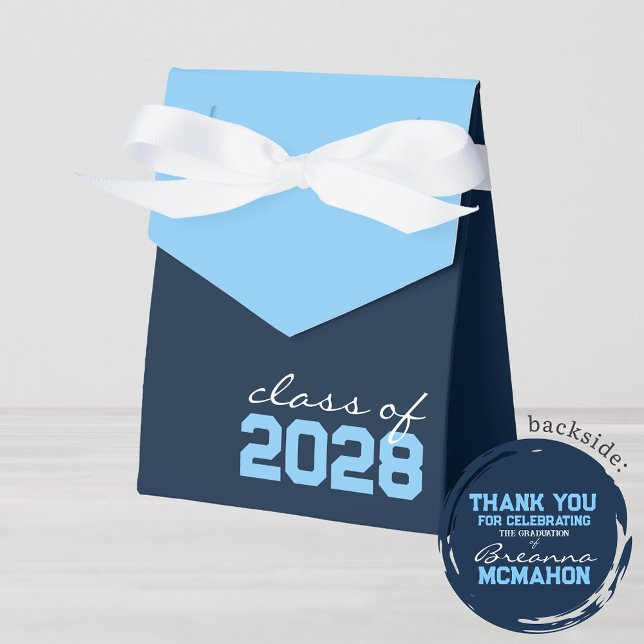 Favoritrutor för marin och Baby blue Studenten Presentaskar (Light Blue & Navy Graduation Favor Boxes with Personalized Backside)