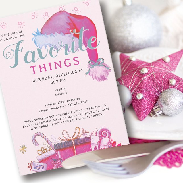 Favoritsaker Julfest Rosa Presentutbyte Inbjudningar (Favorite Things Party Holiday Pink Gift Exchange Secret Santa White Elephant Office Family & Friends)