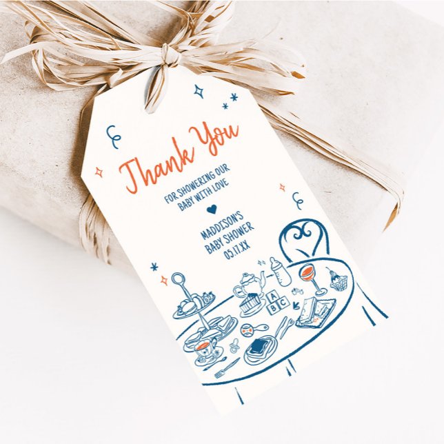 Favorittaggar för babyvisningsprogrammet hand ploc presentetikett (Hand Drawn Baby Brunch Party Baby Shower Favor Tags
)