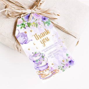 Favorittaggar för lila Blommigt Tea Party Baby Sho Presentetikett