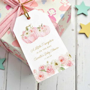 Favorittaggar för rosa Little Pumpkin Baby Shower Presentetikett