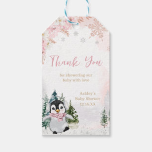 Favorittaggar för rosa Winter Penguin Baby Shower Presentetikett
