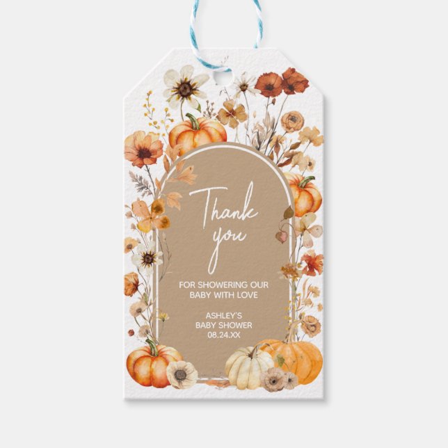 Favorittaggar för Wildblomspumpkin Baby Shower Presentetikett (Framsidan)