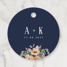 Favorittaggar, mörk blått monogram för blommigt av gåvor etiketter