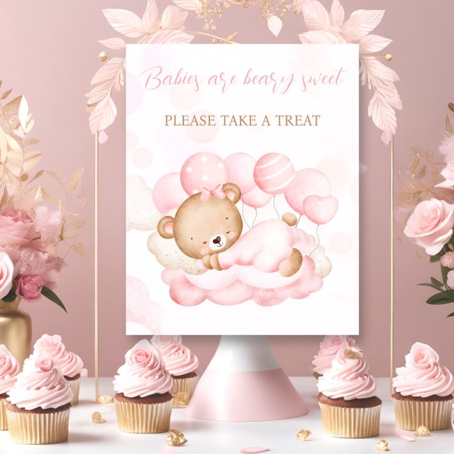 Favorittecken för rosa Bear Baby Shower Poster (Girl pink Bear Baby Shower Favor Sign)