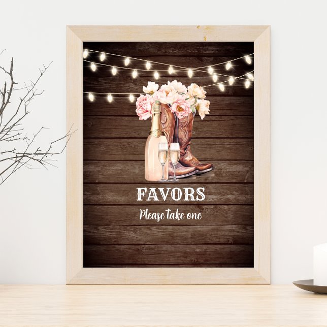 FAVORS-skylt Cowgirl Boots Champagne Möhippa Poster (Rustic western boots and bubbly favors sign)