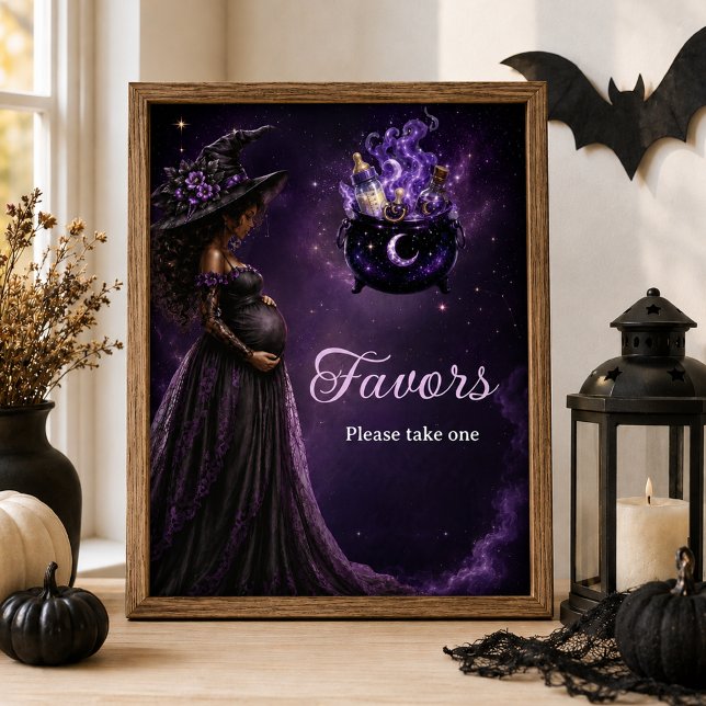Favorstecken Baby brygger häxbabyshower Poster (Guide guests to your favor table with this elegant witch baby shower favors sign.)