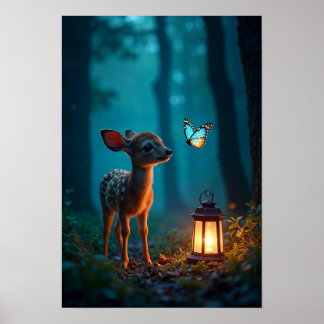 Fawn and Butterfly in Enchanted Forest Poster